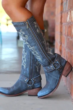 Blue Bordado Cowgirl Boho Mid Calf Botas