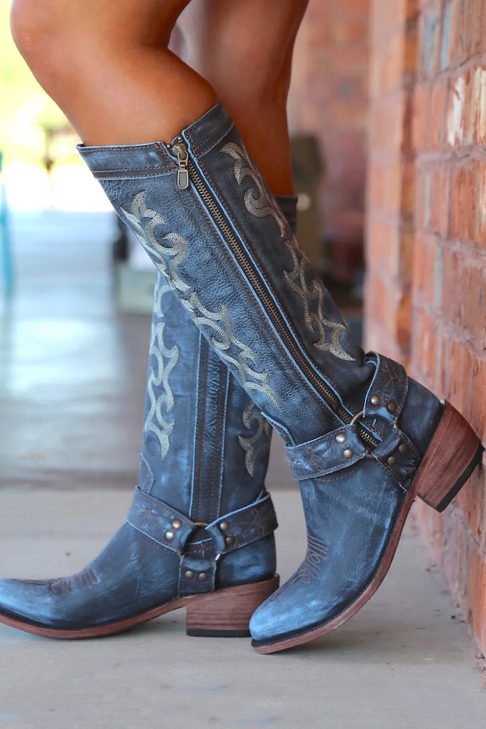 Blue Bordado Cowgirl Boho Mid Calf Botas