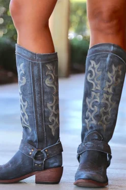 Blue Bordado Cowgirl Boho Mid Calf Botas