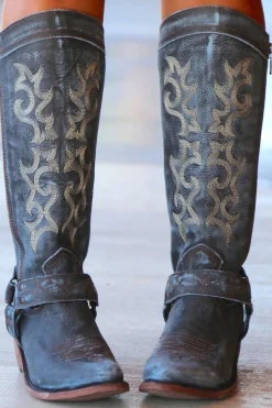 Blue Bordado Cowgirl Boho Mid Calf Botas
