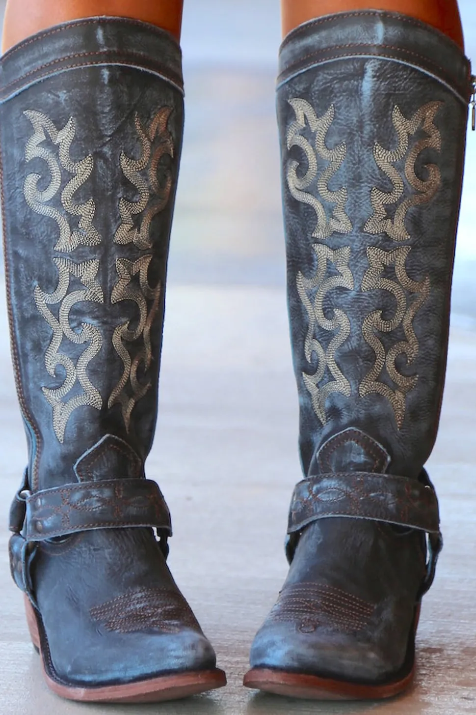 Blue Bordado Cowgirl Boho Mid Calf Botas