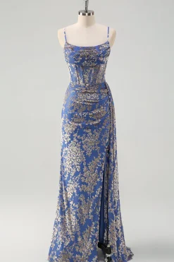 Blue Burnout Sereia Floral Esparguete Correias Corset Vestido Madrinha com Fenda