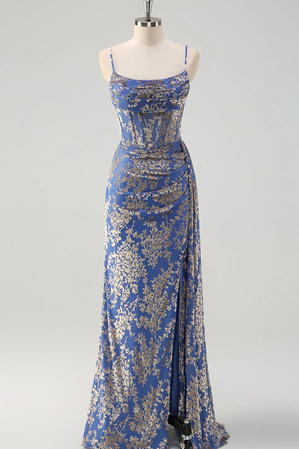 Blue Burnout Sereia Floral Esparguete Correias Corset Vestido Madrinha com Fenda