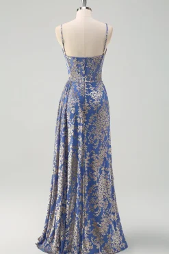 Blue Burnout Sereia Floral Esparguete Correias Corset Vestido Madrinha com Fenda