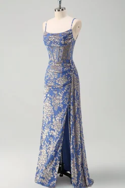 Blue Burnout Sereia Floral Esparguete Correias Corset Vestido Madrinha com Fenda