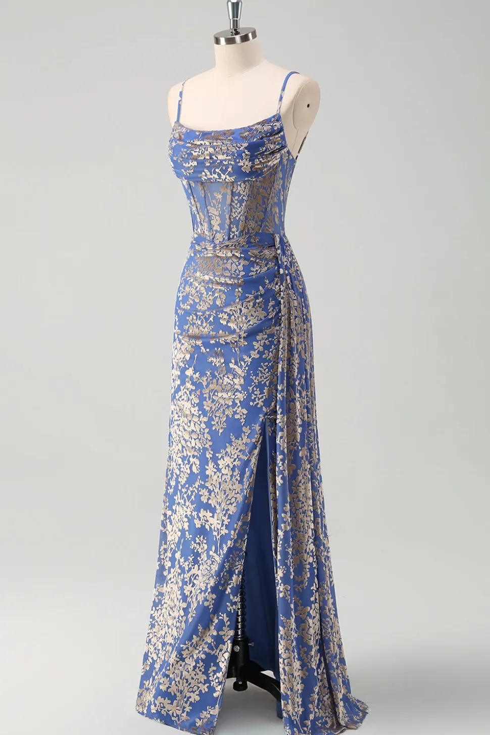 Blue Burnout Sereia Floral Esparguete Correias Corset Vestido Madrinha com Fenda