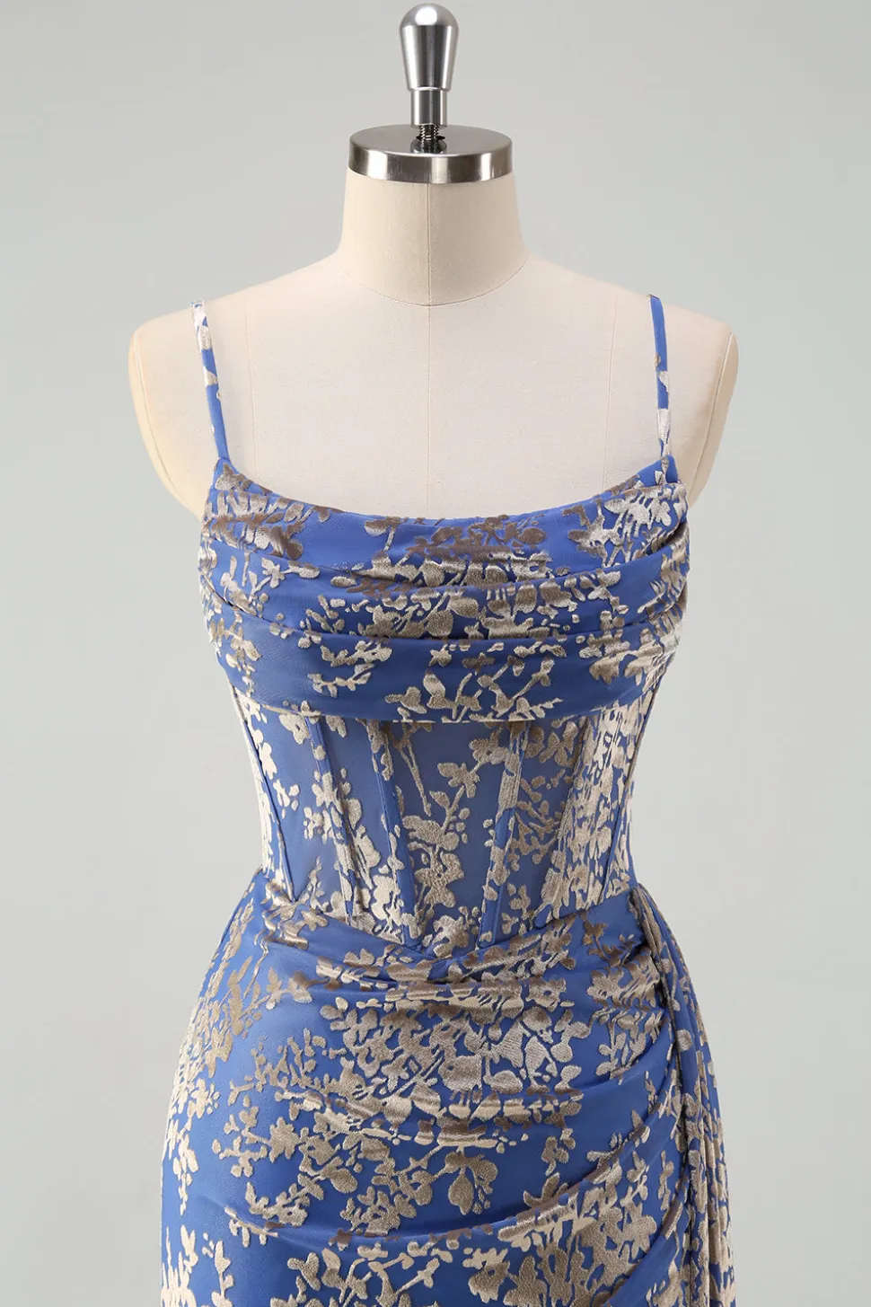 Blue Burnout Sereia Floral Esparguete Correias Corset Vestido Madrinha com Fenda