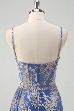Blue Burnout Sereia Floral Esparguete Correias Corset Vestido Madrinha com Fenda