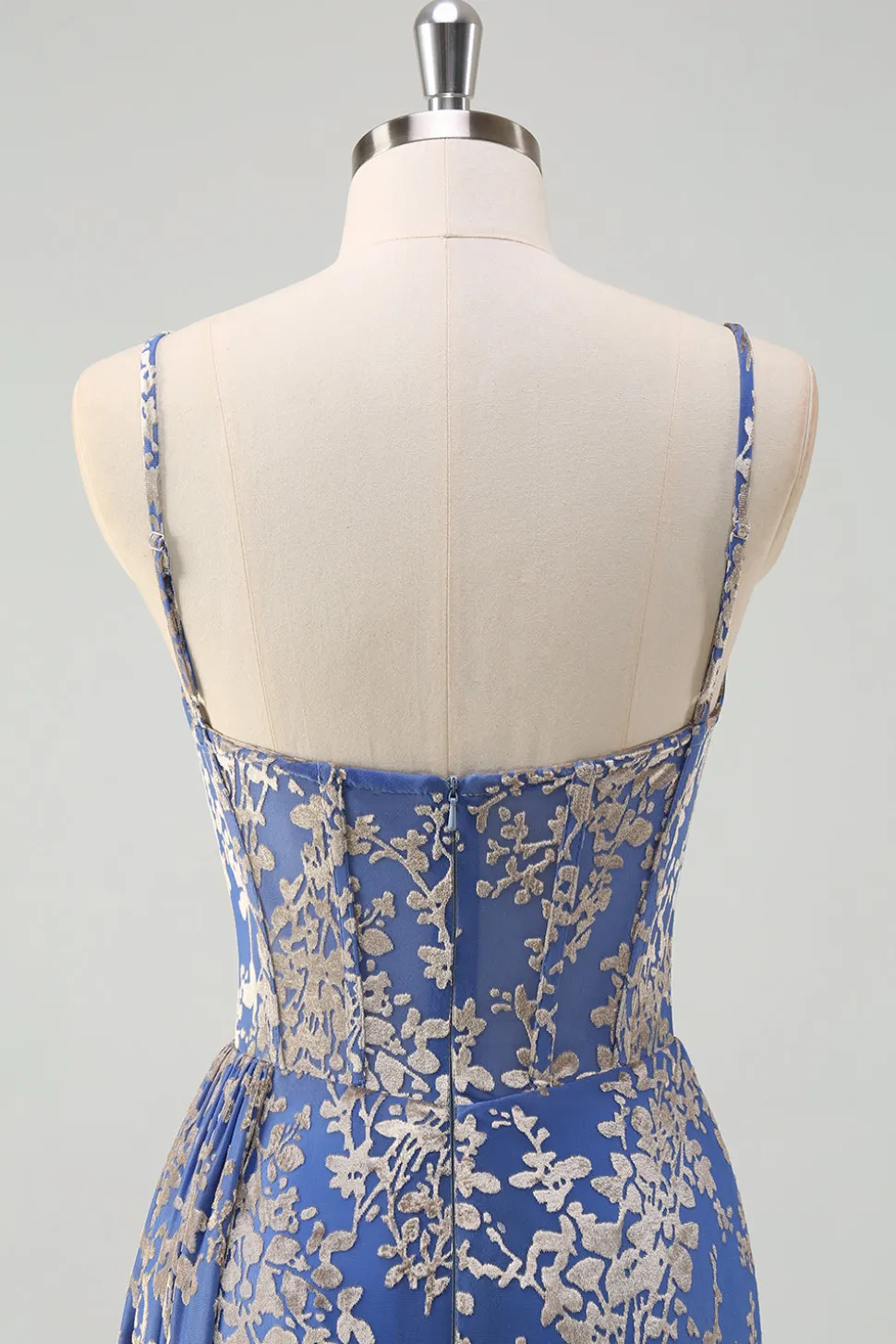 Blue Burnout Sereia Floral Esparguete Correias Corset Vestido Madrinha com Fenda