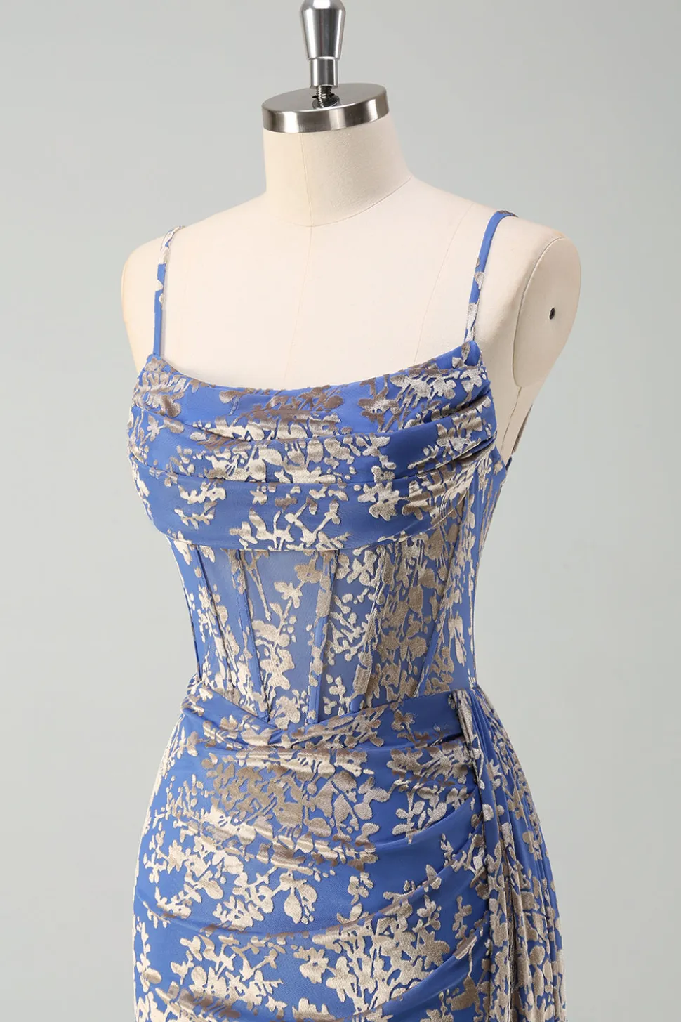 Blue Burnout Sereia Floral Esparguete Correias Corset Vestido Madrinha com Fenda