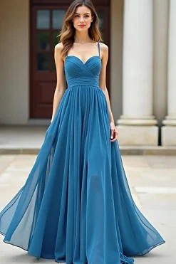 Blue Chiffon Uma Linha Esparguete Correias Ruched Prom Dress