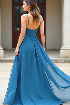 Blue Chiffon Uma Linha Esparguete Correias Ruched Prom Dress