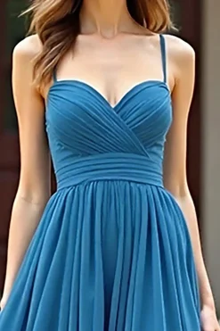 Blue Chiffon Uma Linha Esparguete Correias Ruched Prom Dress