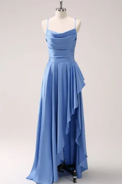 Blue Cowl Neck Cetim Vestido de Dama de Honra Assimétrico com Fenda
