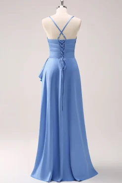 Blue Cowl Neck Cetim Vestido de Dama de Honra Assimétrico com Fenda