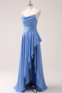 Blue Cowl Neck Cetim Vestido de Dama de Honra Assimétrico com Fenda