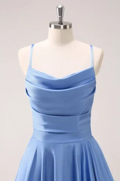 Blue Cowl Neck Cetim Vestido de Dama de Honra Assimétrico com Fenda