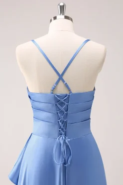 Blue Cowl Neck Cetim Vestido de Dama de Honra Assimétrico com Fenda