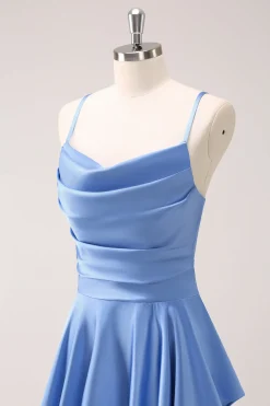 Blue Cowl Neck Cetim Vestido de Dama de Honra Assimétrico com Fenda