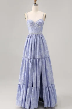 Blue Flower A-Line frisado vestido de noiva com fenda