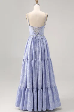 Blue Flower A-Line frisado vestido de noiva com fenda