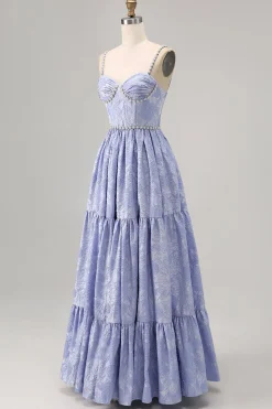 Blue Flower A-Line frisado vestido de noiva com fenda