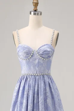 Blue Flower A-Line frisado vestido de noiva com fenda