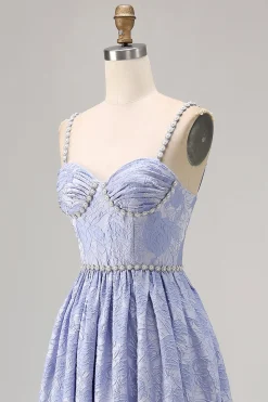 Blue Flower A-Line frisado vestido de noiva com fenda
