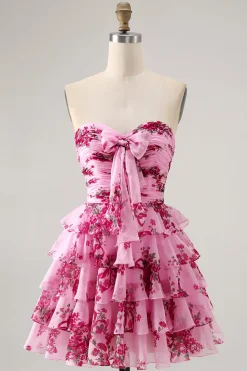 Blue Flower A-Line Strapless Arco Frontal Tiered Mini Homecoming Dress