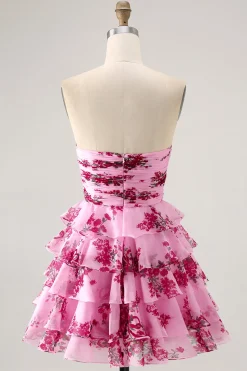Blue Flower A-Line Strapless Arco Frontal Tiered Mini Homecoming Dress