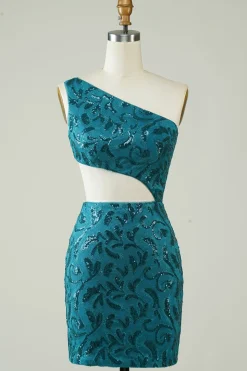 Blue Glitter Tight Homecoming Vestido com Hollow-out