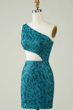 Blue Glitter Tight Homecoming Vestido com Hollow-out