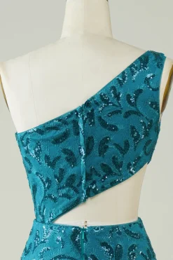 Blue Glitter Tight Homecoming Vestido com Hollow-out