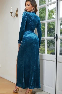 Blue High Neck mangas longas Velvet Prom Dress