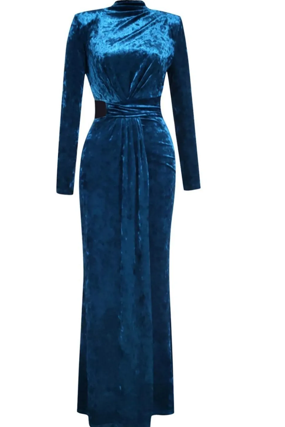Blue High Neck mangas longas Velvet Prom Dress
