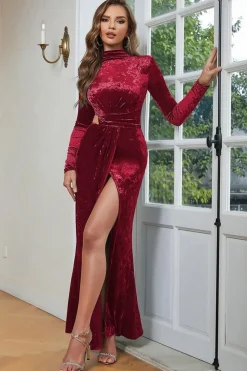 Blue High Neck mangas longas Velvet Prom Dress