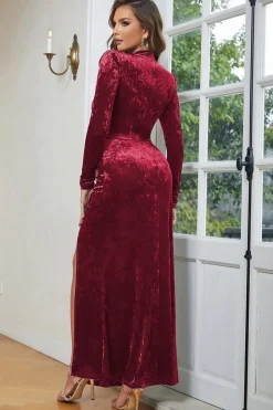 Blue High Neck mangas longas Velvet Prom Dress