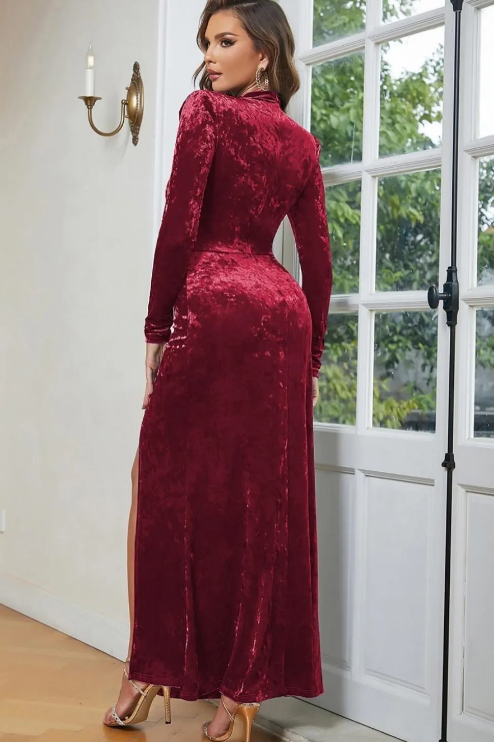 Blue High Neck mangas longas Velvet Prom Dress