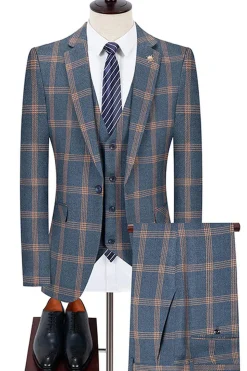 Blue Notched Lapel Slim Fit xadrez homens ternos