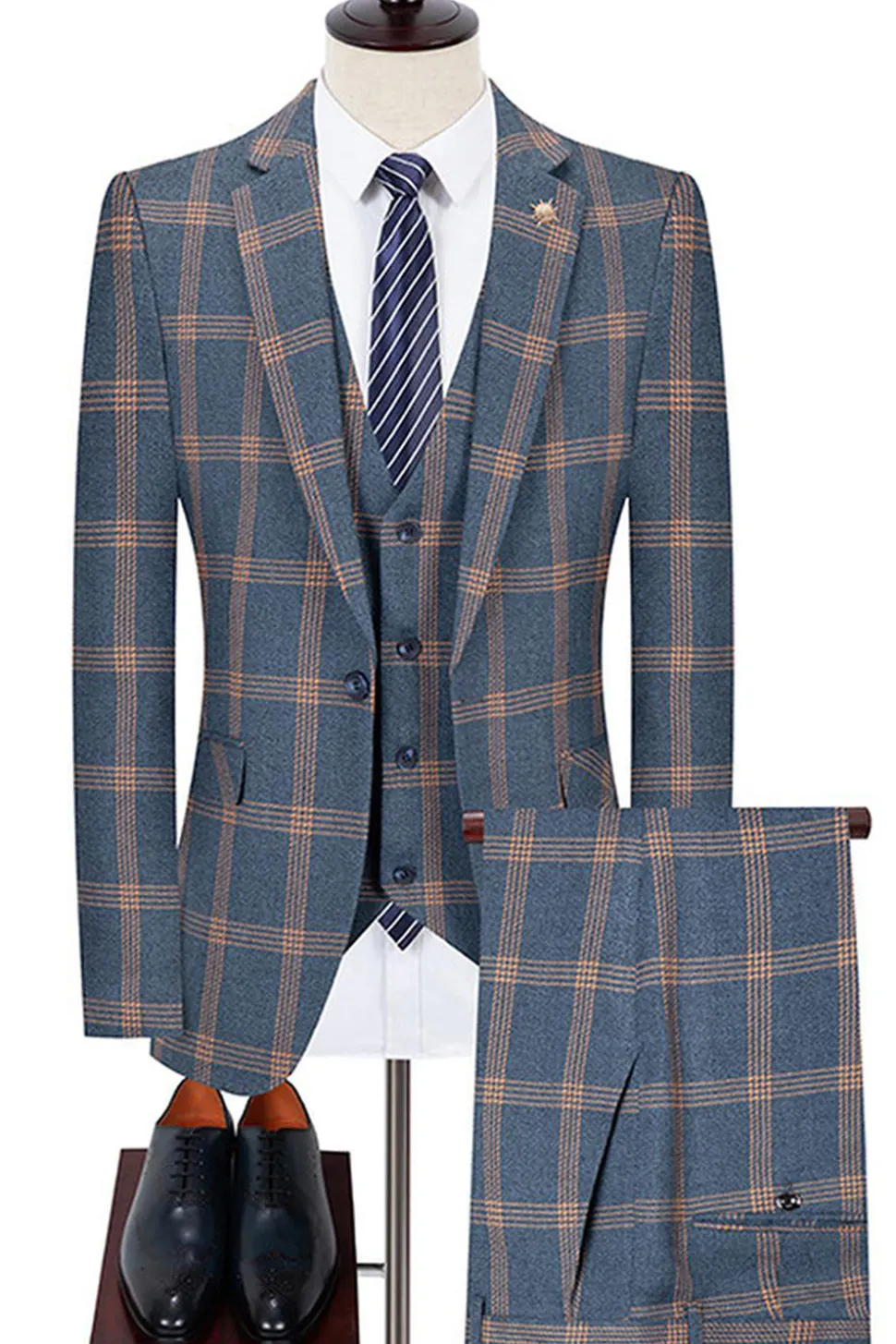 Blue Notched Lapel Slim Fit xadrez homens ternos