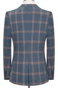 Blue Notched Lapel Slim Fit xadrez homens ternos