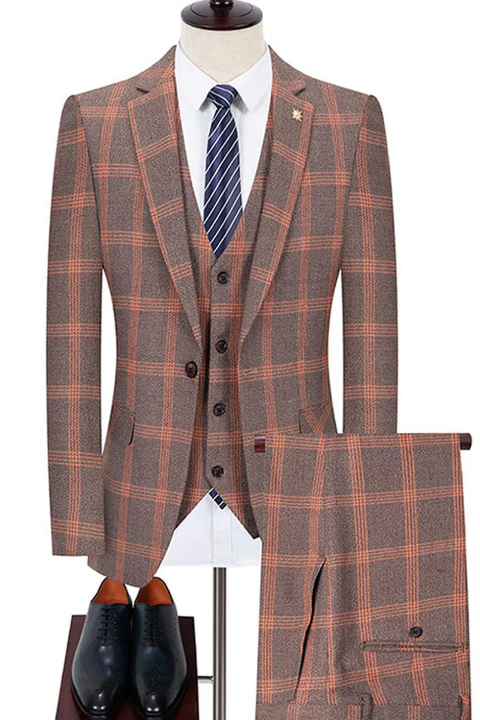 Blue Notched Lapel Slim Fit xadrez homens ternos