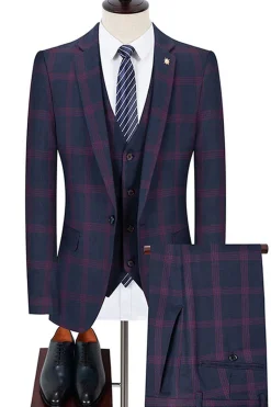 Blue Notched Lapel Slim Fit xadrez homens ternos