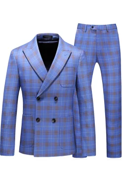 Blue Plaid Pico Lapela 2 Peças Prom Suits