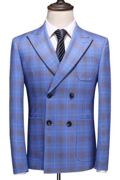 Blue Plaid Pico Lapela 2 Peças Prom Suits