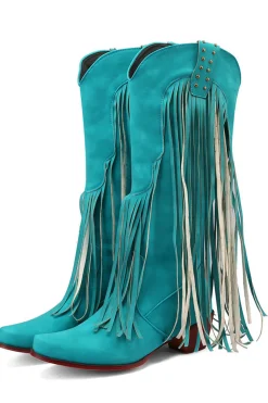 Blue Pointed Toe Madeira Grão Botas de Salto Grosso com Tassel