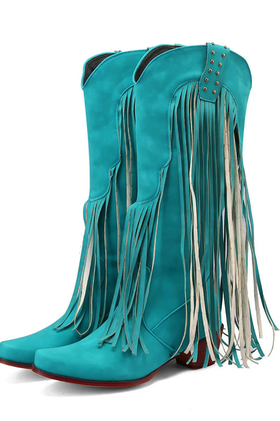 Blue Pointed Toe Madeira Grão Botas de Salto Grosso com Tassel