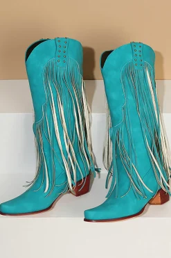 Blue Pointed Toe Madeira Grão Botas de Salto Grosso com Tassel