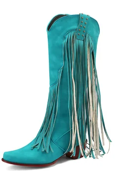 Blue Pointed Toe Madeira Grão Botas de Salto Grosso com Tassel