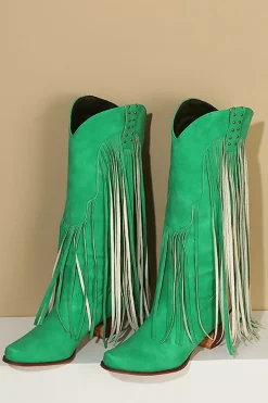 Blue Pointed Toe Madeira Grão Botas de Salto Grosso com Tassel